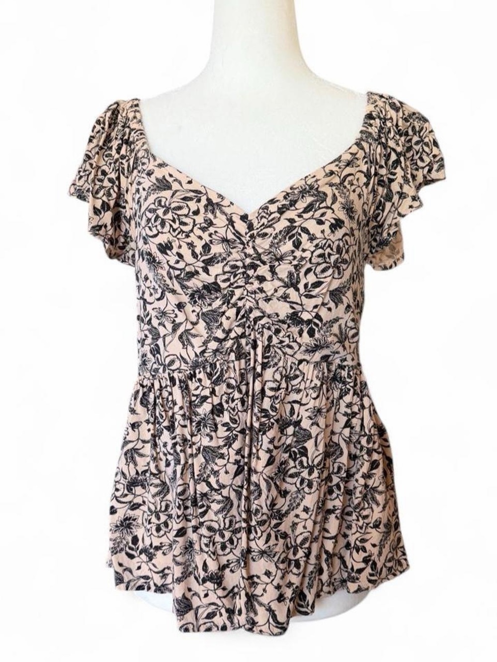 Floral Coquette Peplum Top in Beige and Black